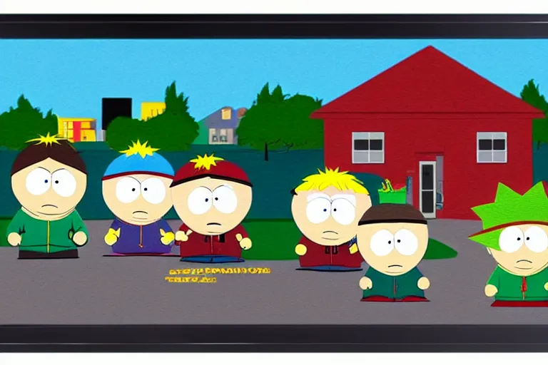 Image similar to south park kids as simpson character, pack shot, tv frame, house in background,