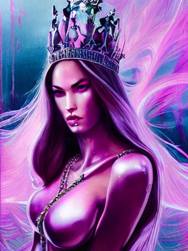 Prompt: pink portrait of young beautiful female angel queen Megan Fox head wearing shiny pink crown, subtle purple accents, hyper details, black metal rococo, sculpted by Alex Alice, Craig Mullins, yoji shinkawa, trending on artstation, beautifully lit, Peter mohrbacher, hyper detailed, insane details, intricate, elite, elegant, luxury, ray of light through smoke, CGsociety, hypermaximalist, golden ratio, background urban cityscape, night, neofuture, volumetric, octane render, weta digital, micro details, 3d sculpture