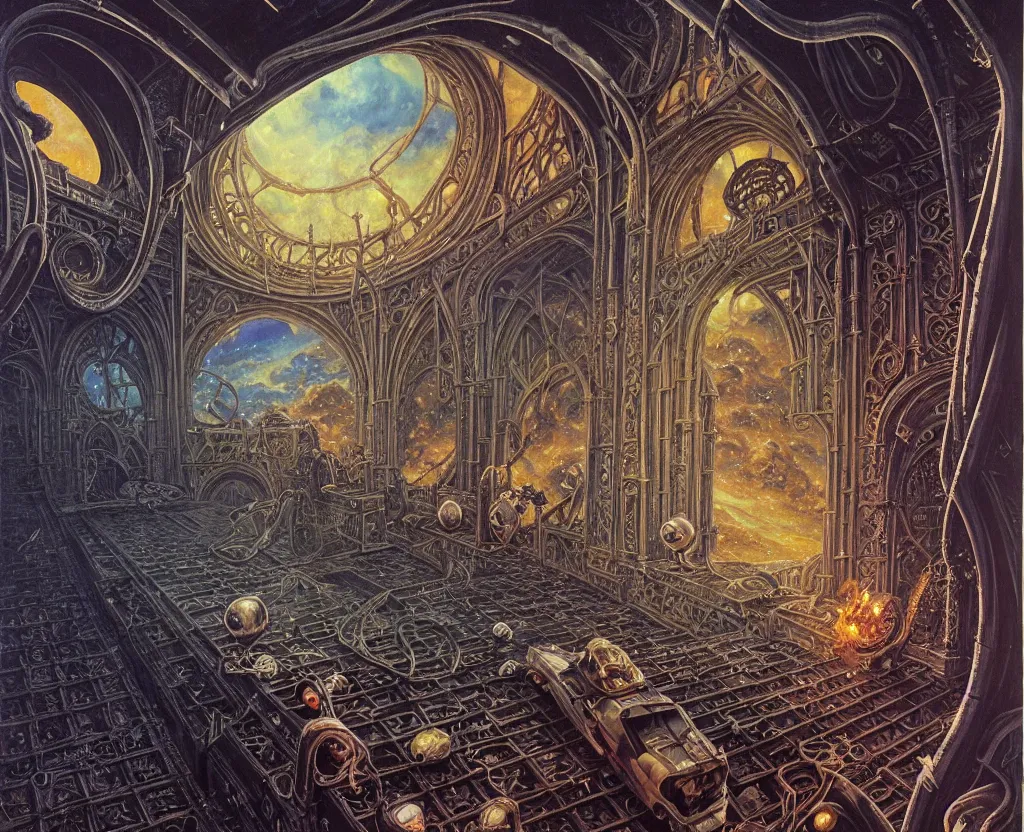 Image similar to fish eye view of detailed portrait, intricate complexity, huge gothic crematorium on desert planet, elevator, side ramp entrance vehicle, dead bodies, guards intricate, painting by lucian freud and mark brooks, bruce pennington, dark colors, neon, death, guards, nice style smoke