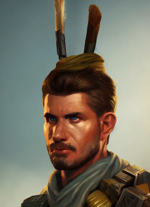 Image similar to A comic book style portrait painting of a male ranger, unreal 5, DAZ, hyperrealistic, octane render, wastelander, dynamic lighting
