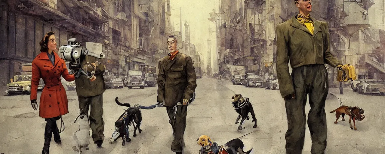 Prompt: adventurer _ _ _ _ _ _ 1 9 5 0 s _ retro _ future _ robot _ android _ and his robot dog on the city street _ muted _ colors. _ _ _ _ _ _ by _ jean _ baptiste _ monge