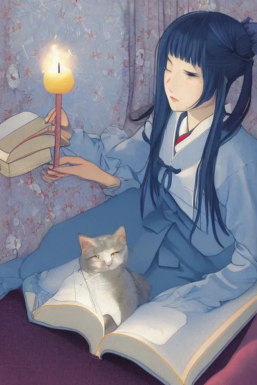 Prompt: a digital painting of a girl in Japanese high school uniform reading a book with a cat and candle in A comfortable bed room at midnight,blue and grey theme,blue theme,S line, by krenz cushart and mucha and range murata and greg rutkowski