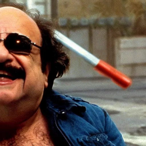 Prompt: a screenshot of Danny Devito playing The Terminator (1980s)