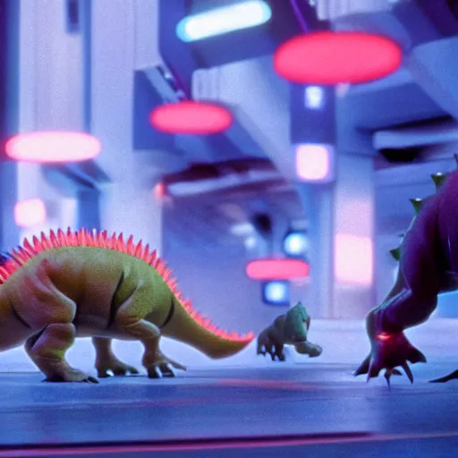 Image similar to baby dinosaurs in tron movie, cinestill