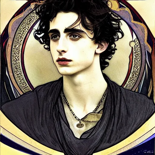 Prompt: timothee chalamet portrait by louis - theophile hingre and alphonse mucha, realistic, sharp focus, zodiac signs, tarot cards, planets, ethereal, art nouveau, magic, moon, sun, crown, dreamy, royal, jewellery