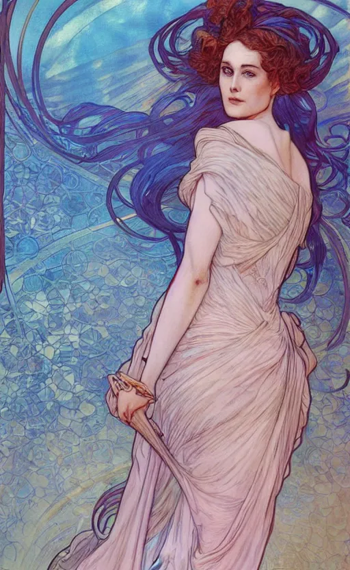 Prompt: delores ( evan rachel wood ) from westworld in blue dress as a goddess in alfons mucha style, highly detailed, pastel colors, smooth lines ， artgerm, artstation