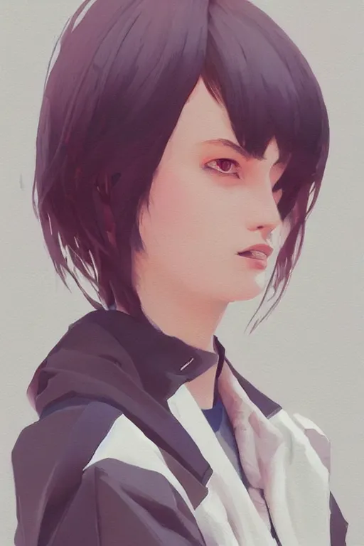 Image similar to a ultradetailed beautiful panting of a stylish woman, she is wearing an oversized nike jacket, by ilya kuvshinov, greg rutkowski, conrad roset and makoto shinkai