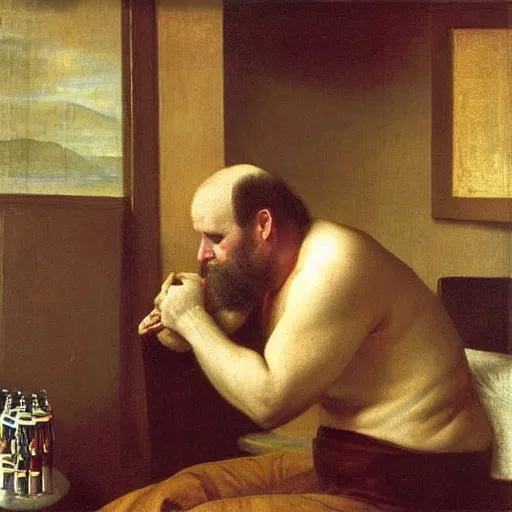 Prompt: a middle aged balding man with a full short beard in a tiny hotel room, depressed, stressed, extremely drunk and surrounded by empty beer cans. Renaissance oil painting.