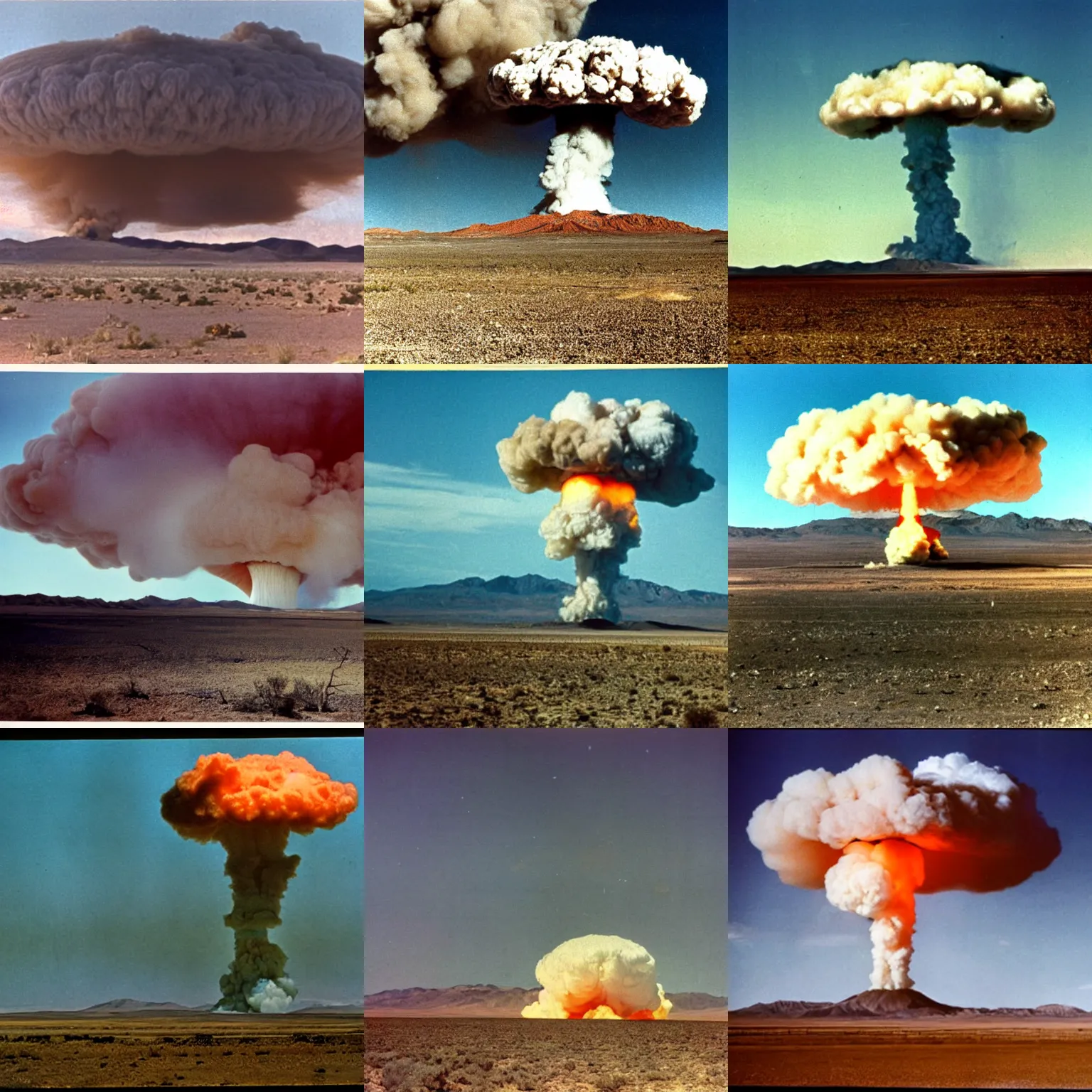 Prompt: color photograph of distant mushroom cloud nuclear test in nevada desert 1964