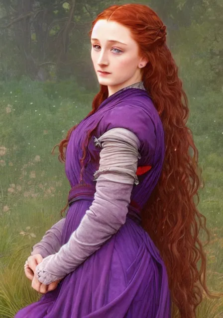 Image similar to sansa stark in purple dress with long hair, intricate, elegant, highly detailed, digital painting, artstation, concept art, smooth, sharp focus, illustration, art by artgerm and greg rutkowski and alphonse mucha and william - adolphe bouguereau