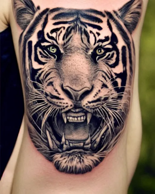 Image similar to a girl with a tiger hat tattoo, hyper realistic, hyper detailed, by eliot kohek