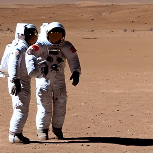 Image similar to two astronauts standing in the middle of a desert shaking hands, one of the astronauts are on fire