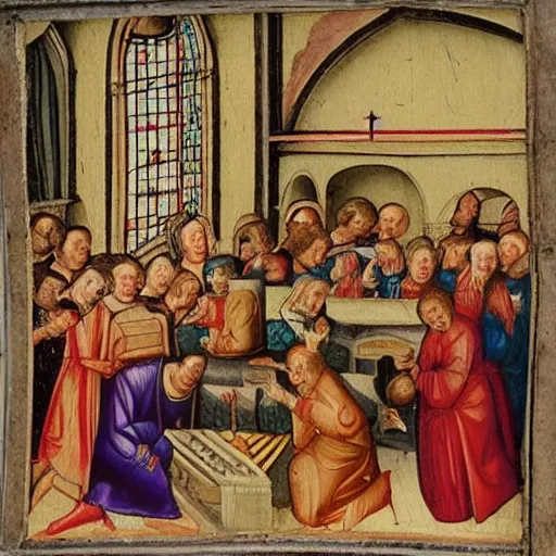 Image similar to 1 5 th century painting of people taking vitamin capsules in the church