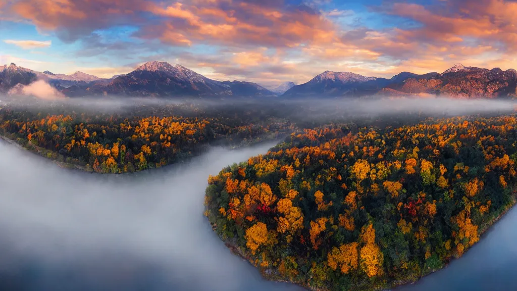 Prompt: The most beautiful panoramic landscape taken by a dron, oil painting, where the mountains are towering over the valley below their peaks shrouded in mist. The sun is just peeking over the horizon and the sky is ablaze with colors. The river is winding its way through the valley and the trees are starting to turn yellow and red, by Greg Rutkowski, aerial view