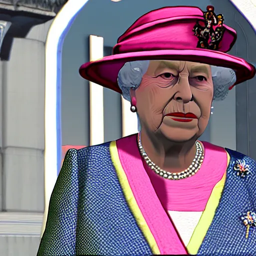 Prompt: Queen Elizabeth II in gta 5, screenshot