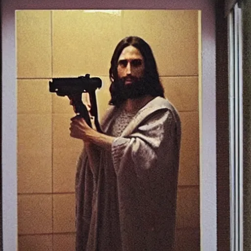 Image similar to jesus christ posing on instagram in his bathroom with an m 1 6