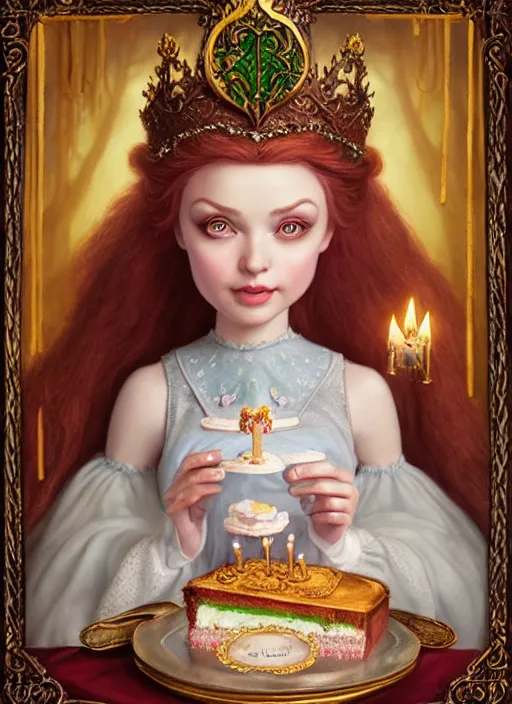 Image similar to highly detailed closeup portrait of a grinning irish fairytale medieval princess eating birthday cake, unreal engine, nicoletta ceccoli, mark ryden, lostfish, earl norem, global illumination, god rays, detailed and intricate environment