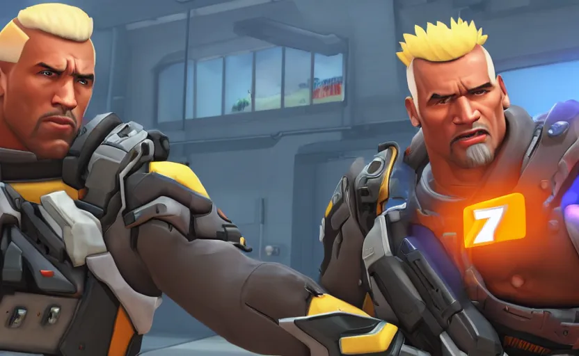 Prompt: the rock as soldier 7 6 in overwatch, in game screenshot