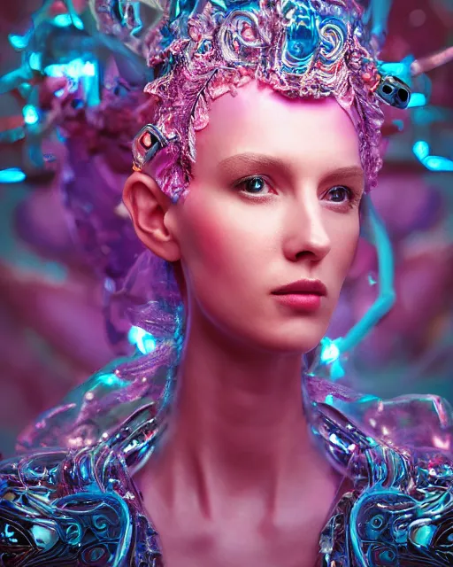 Image similar to natural light, soft focus portrait of an android with soft synthetic pink skin, blue bioluminescent plastics, smooth shiny metal, elaborate ornate head piece, piercings, skin textures, by annie liebovotz, paul lehr