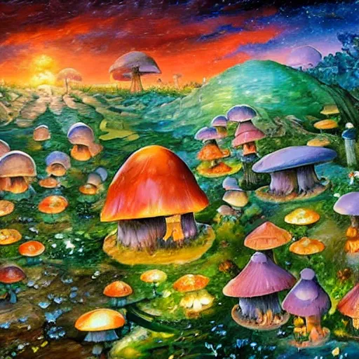 Prompt: forest village with mushroom houses, glowing fungi, art by james christensen, rob gonsalves, paul lehr, leonid afremov and tim white