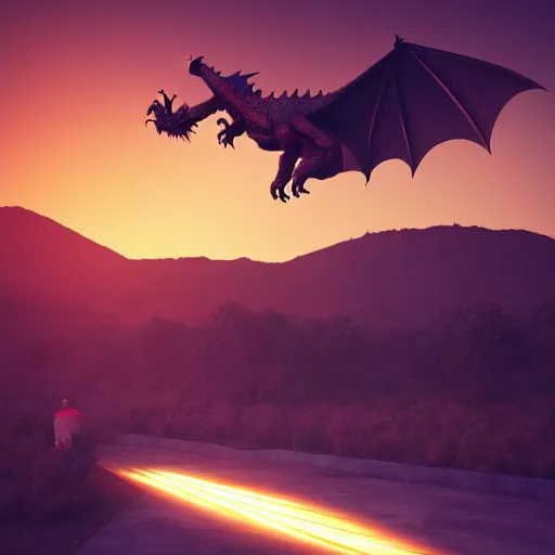 Image similar to you won't believe it, i just saw a huge dragon, it's very huge, sunset behind, it is very huge, modernism, trending on artstation, octane render, 3 d, volumetric lightening, lossless quality
