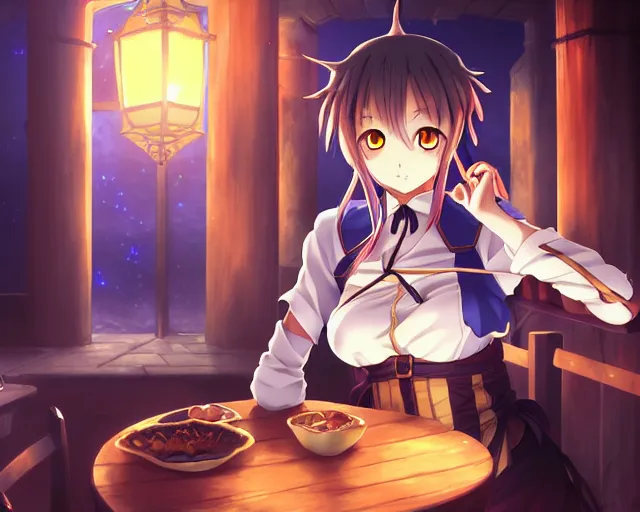 Image similar to anime visual, portrait of a young female in a busy fantasy medieval tavern interior at night, cute face by yoh yoshinari, murata range, last exile, blue submarine no 6, dynamic pose, dynamic perspective, detailed silhouette, rich texture, seven deadly sins anime, anime cels, matte color, flat lighting, rounded eyes