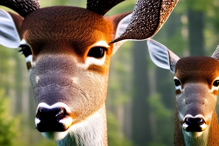 Image similar to a close up of the head of a deer. The deer has bright white eyes. background of a landscape misty forest scene, the sun glistening through the trees, hyper realistic photograph, octane render 8k, trending on artstation, unreal engine