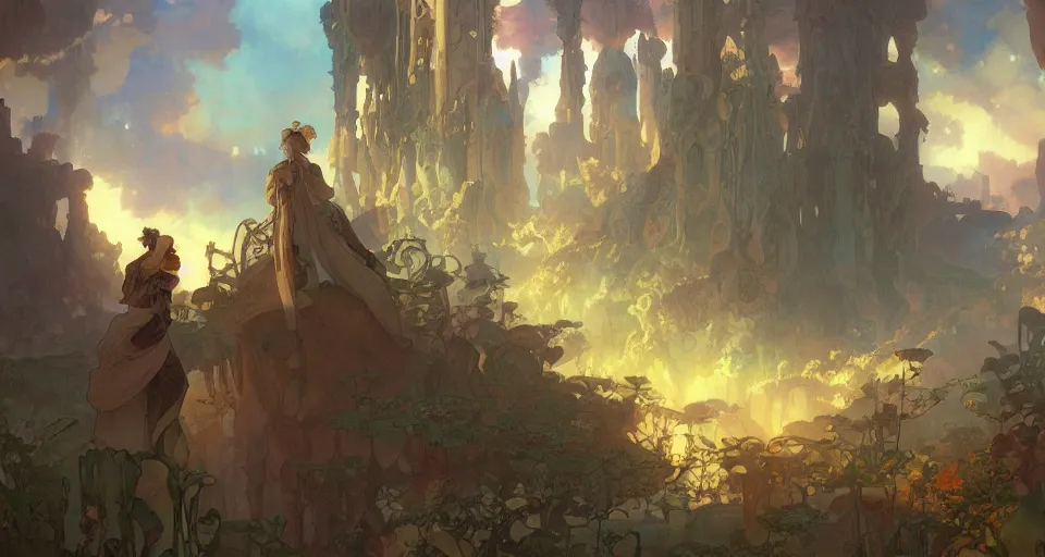 Image similar to A beautiful landscape painting of steampunk landscape by Alfons Maria Mucha and Julie Dillon and Makoto Shinkai