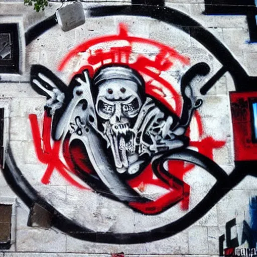 Prompt: 12 monkeys logo from the 1995 movie graffiti on a wall in the streets of Jerusalem, highly detailed