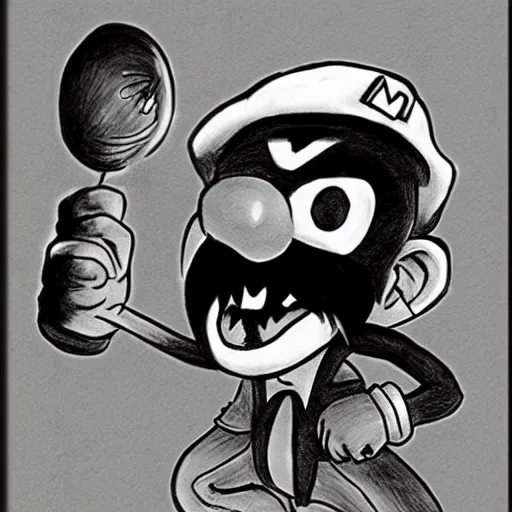 Prompt: a Pop Wonder scary horror themed goofy-hilarious-character MarioWarioWaluigi, dime-store-comic drawn with charcoal and pen and ink, half-tone-line-stacking