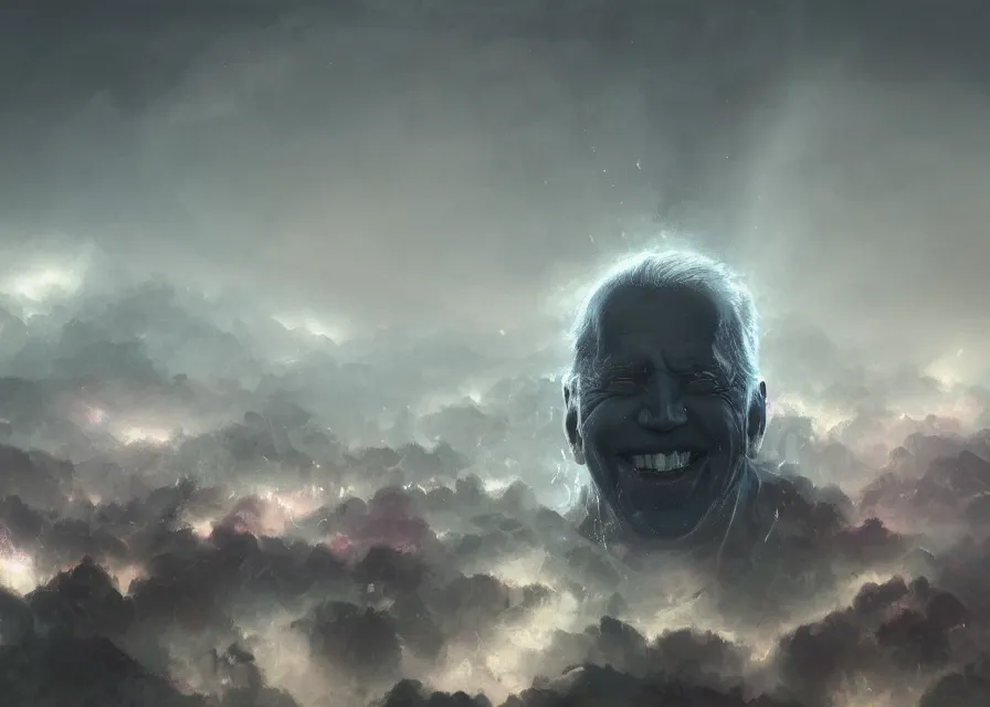 Image similar to large abstract painting of giant grinning evil dark dynamic Joe Biden head emerging from cosmic clouds at giant immense crowd of person army, trending on ArtStation, masterpiece, by Greg Rutkowski, by Ross Tran, by Fenghua Zhong, octane, lightbeam eyes, soft render, clear facial features, oil on canvas,, moody lighting, cinematic, professional environment concept art