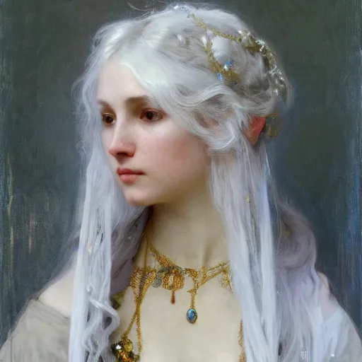 Image similar to a highly detailed beautiful white haired woman, adorned with precious stones and thin gold tendrils, by jeremy mann, by alphonse mucha, by william - adolphe bouguereau, 4 k resolution, trending on artstation, very very detailed, masterpiece, stunning, intricate,