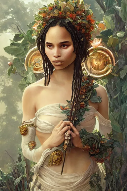 Image similar to ultra realistic illustration, zoe kravitz as persephone, intricate, elegant, highly detailed, digital painting, artstation, concept art, smooth, sharp focus, illustration, art by artgerm and greg rutkowski and alphonse mucha