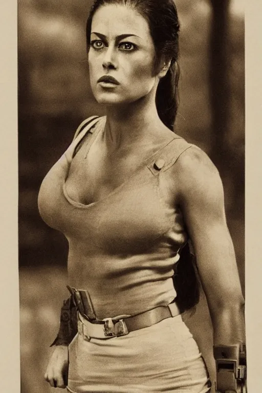 Prompt: lady jaye from g. i. joe, portrait, full body, symmetrical features, silver iodide, 1 8 8 0 photograph, sepia tone, aged paper, sergio leone, master prime lenses, cinematic