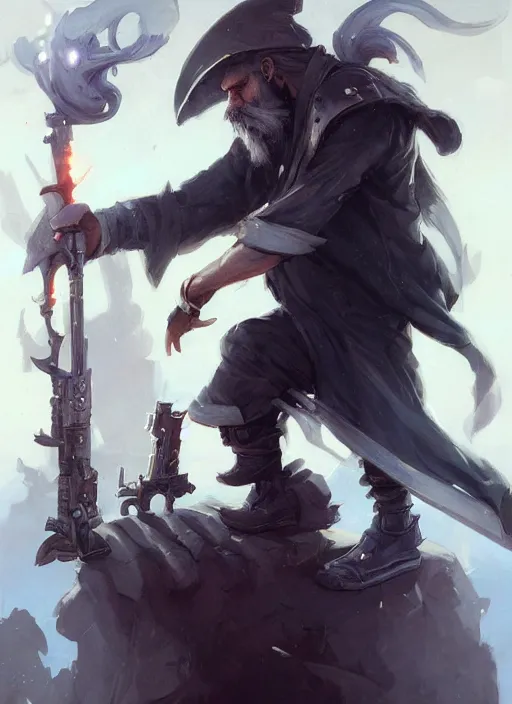 Prompt: low angle picture of a weapon master, holding a ego weapons to the camera, long black jacket, neat white beard and hair, bored, tired, smoking, ego weapons all over the place, squat down pose, highly detailed face, intricate, masterpiece, epic fantasy illustrations by peter mohrbacher and anato finnstark and jeremy lipking