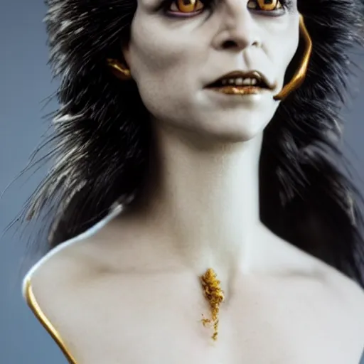 Image similar to photo taken of an epic intricate, ultra detailed, super realistic bust of a majestic gracious regal aristocratic brunette female vampire created by weta workshop, menacing, some zoomed in shots, photorealistic, sharp focus, white wall, extremely cold blueish colour temperature, 3 5 mm, f 1. 4, golden ratio