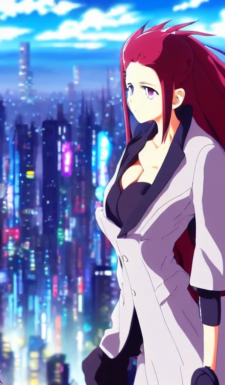 Image similar to anime fine details portrait of Reis Gremory in front of cyberpunk moder city landscape on the background deep bokeh, close-up view, anime masterpiece by Studio Ghibli. 8k, sharp high quality anime, artstation