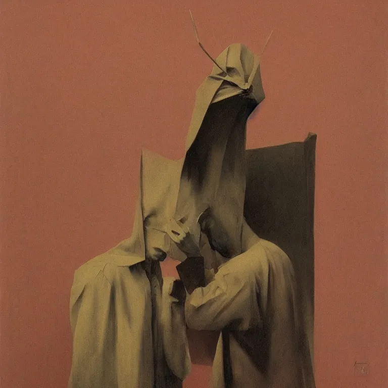 Image similar to man with a paper bag over the head and a sward Edward Hopper and James Gilleard, Zdzislaw Beksinski highly detailed