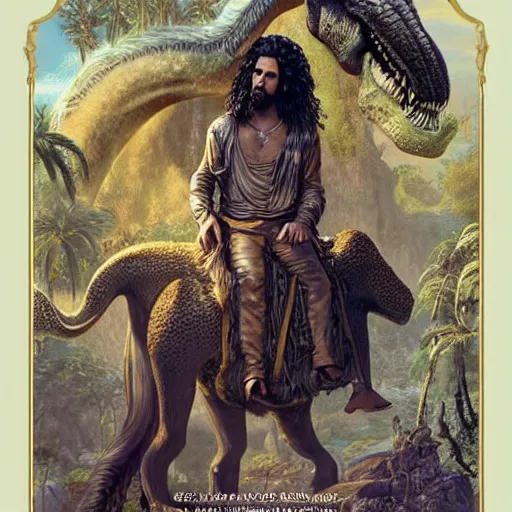 Prompt: a detailed full body tarot card of a ridiculously good looking jesus with long braided and curly hair riding a tyrannosaurus rex, elegant ancient greek dress, jungle as the background, drinking a martini, wearing a jean jacket and a beenie, very detailed, beautiful, intricate, art by greg rutkowski and rembrandt, octane render