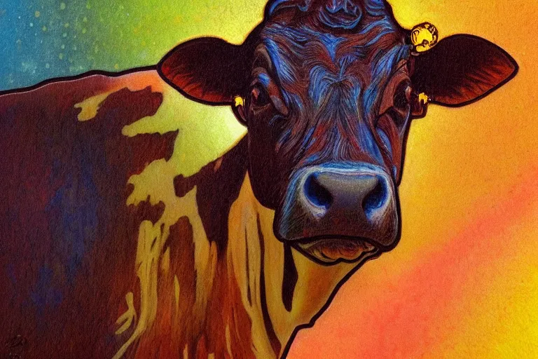 Prompt: ascend portrait of cow, in the style of rick sternbach and mark tedin and alphonse mucha, trending on artstation, soft lights product view crayon art, doge, dark academia, illustrator, impasto