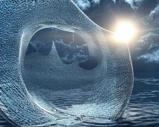 Prompt: a giant abstract sculpture of the birth of the universe on the ocean water, in the style of dan graham, award winning, cinematic, hyper - realistic, very detailed, realistic water splashes, ray tracing, 8 k resolution, long - shot, sharp focus, low angle, 8 5 mm photograph, wide lens