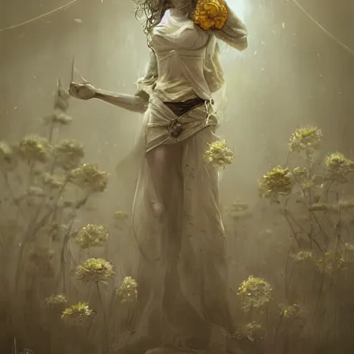 Prompt: a woman in a white dress with yellow flowers on her body, cyberpunk art by bastien lecouffe - deharme, trending on cgsociety, fantasy art, dystopian art, apocalypse art, rococo