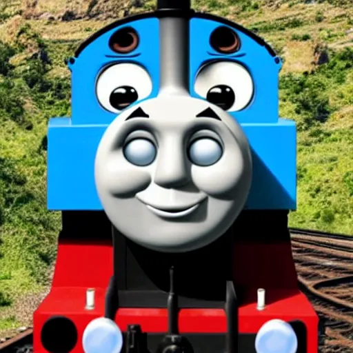 Prompt: extremely zoomed-in photo of Thomas the Tank Engine's face