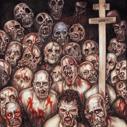 Image similar to a hyperrealistic painting of a large group of zombies watching the crucifixtion, by santiago caruso, highly detailed,