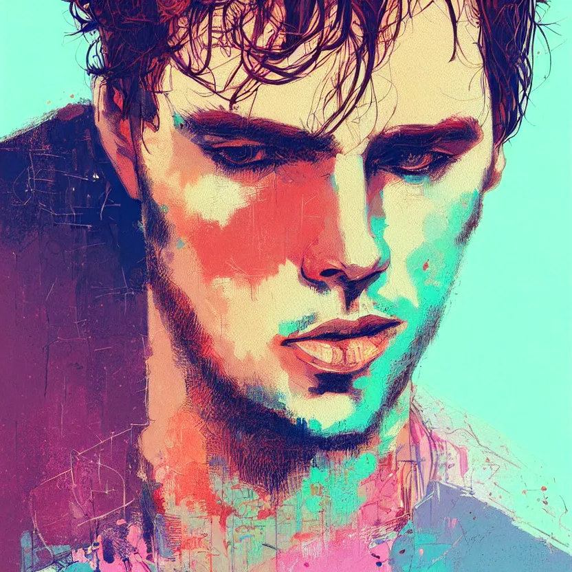 Image similar to close up portrait painting of a male musician in nineties street styling, concept art, intricate details, aesthetically pleasing pastel colors, art by conrad roset, impressionism, portrait