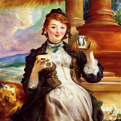 Image similar to heavenly summer sharp land sphere scallop well dressed lady drinking a starbucks coffee, auslese, by peter paul rubens and eugene delacroix and karol bak, hyperrealism, digital illustration, fauvist, starbucks coffee
