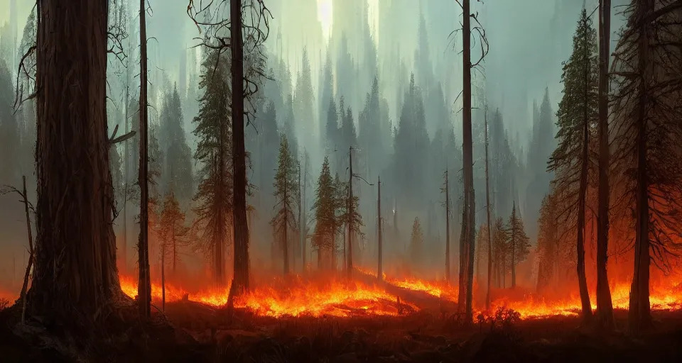 Prompt: landscape, intense forest fire, super intense, dramatic lighting, cinematic, by WLOP, eddie mendoza, simon stålenhag, raphael lacoste, extremely high detail, photo realistic, cinematic lighting, post processed, concept art, trending on artstation, matte painting