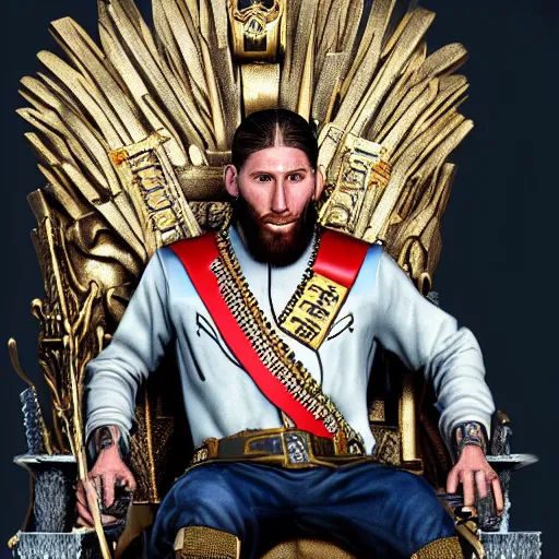 Prompt: sergio ramos as a king on throne, 4 k post processing, unreal engine, aesthetic!!!!!!!, intricate, ultra detailed, artstation style