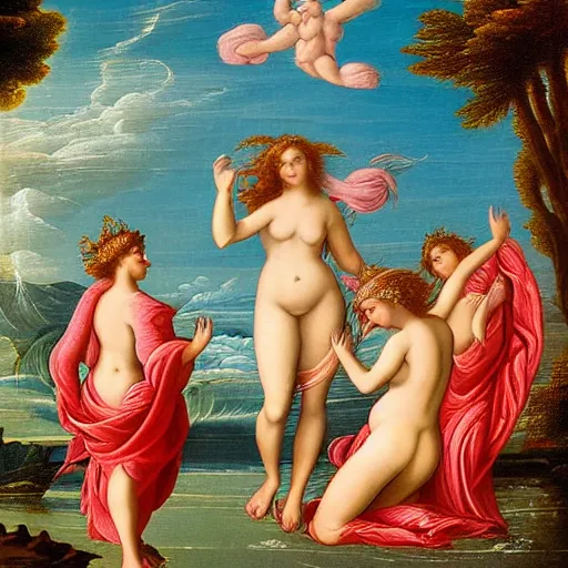 Image similar to The digital art depicts the goddess Venus, who is born from the sea, being blown towards the shore by the wind god Zephyr. On the shore, the goddess of love, beauty, and fertility, is greeted by the nymphs who attend to her. The digital art is a masterful example of use of color, light, and perspective. The figures are depicted in graceful poses, and the overall effect is one of serenity and beauty. by Bastien Lecouffe-Deharme earthy, monumental