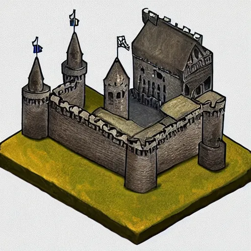 Image similar to “an isometric medieval castle painted”